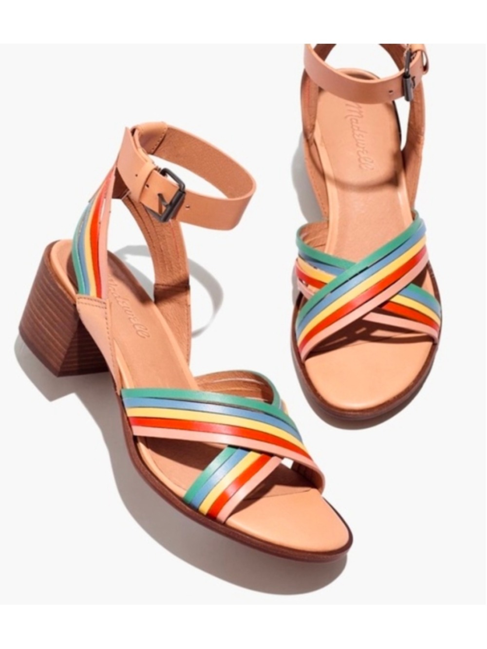 Madewell Samira Sandal Rainbow Striped Leather Block Heel Size 6.5